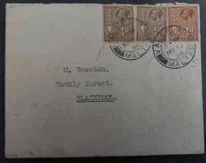 1936 Malta Cover & Letter ties 3 stamps Valletta to Blackpool UK - Picture 1 of 2