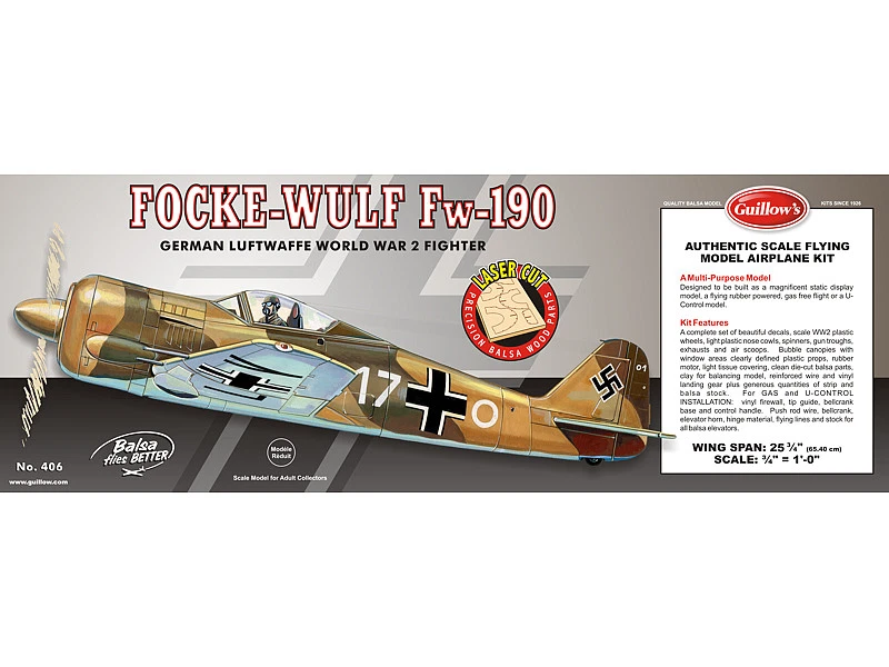 Guillows 406 - Focke-Wulf Fw-190. 1:16 Scale Balsa Wood Kit 25 ¾" Wing Span T48 - Image 1 of 4