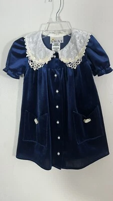 Vestido SWAT Niñas 2T Azul Terciopelo Encaje Cuello Peter Pan EE. UU. Bolsillos Perlados Foto 1 de 4
