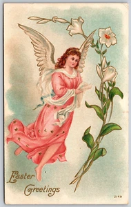Postcard Easter Greetings Angel in Pink Dress w Lilies - Bild 1 von 2