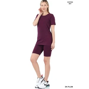 Zenana Cotton Crew Neck Short Sleeve top & biker Shorts set (Dark Plum)-XLarge - Picture 1 of 2