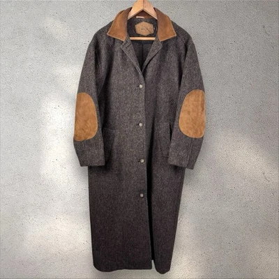 Vtg Woolrich Womens Sz M Long Trench Coat Duster Jacket Suede Collar Elbow Patch - Image 1 of 4