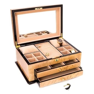 BEY-BERK Birdseye Maple Lacquered Wood 3-Level Jewelry Box with Gold Accents and - Picture 1 of 1