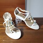 Tahari Sandals NEW White Leather Turquoise Pearl Beaded Wedge Strap Size 7.5
