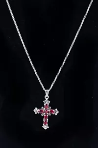Sterling Silver .925 Garnet Marcasite VTG Cross Pendant Rope Chain Necklace 24” - Picture 1 of 6