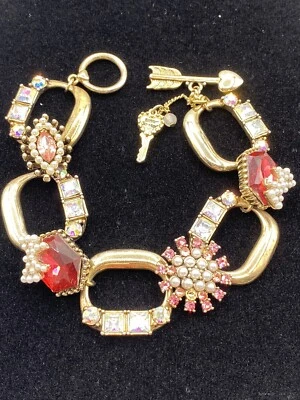 BETSEY JOHNSON Chunky Bracelet Ruby Red Colored Stones Faux Pearls Rhinestones - Image 1 of 4
