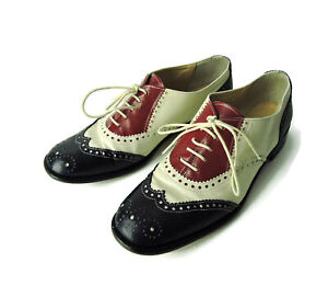 MONDI VTG Italian leather Oxford Shoes navy tan red low heel 37.5 EU /  7.5 US