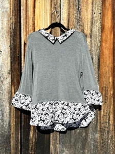 Women's ELLE Boho multi material blouse gray with floral ruffle collar cuff L - Picture 1 of 9