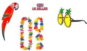 Pineapple Sunglasses Parrot 4pcs Hawaiian Lei Flower Garland Fancy Dress Set - Picture 1 of 9