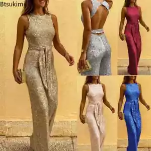 New 2025 Women Elegant Sleeveless Sequined Glitter Shiny Jumpsuit Trousers Wide - Picture 1 of 19