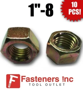 (Qty 10) 1"-8 Grade 8 Finish Hex Nuts Yellow Zinc Plated Hardened - Picture 1 of 3