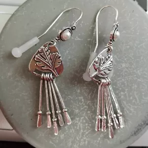 Long silver plated leaf earrings with pearl accents on wires - Picture 1 of 2