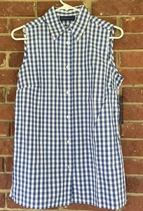 Karen Scott Top Size S Shirt Gingham Collared Button Sleeveless Blue Blouse New - Picture 1 of 8