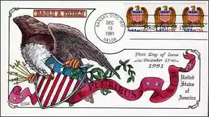 1991 Bulk Rate Eagle & Shield Coil/3 (2602) - Collins Hand Colored FDC QZ597 - Picture 1 of 1