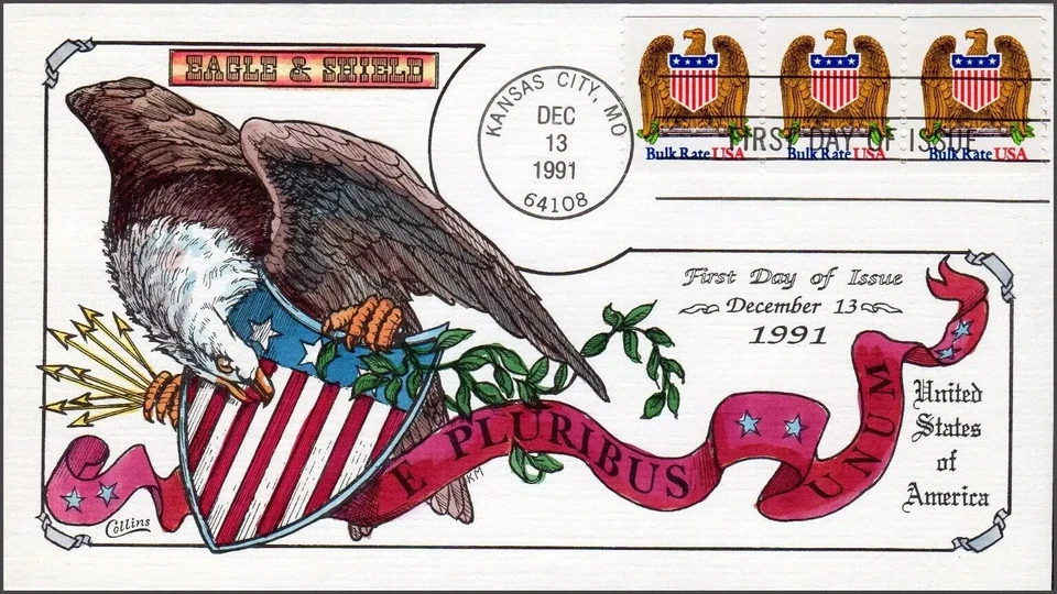 1991 Bulk Rate Eagle & Shield Coil/3 (2602) - Collins Hand Colored FDC QZ597 - Image 1 of 1
