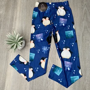 Winter Penguins & Presents on Ice Blue Soft Kids Leggings - Picture 1 of 6