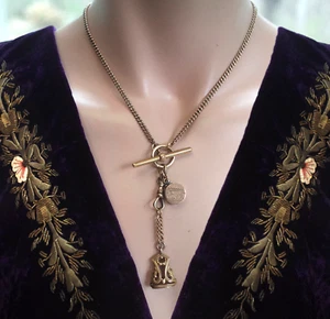 ANTIQUE EDWARDIAN Gold Filled Photo Watch & Ball Fob Slide Watch Chain Necklace - Picture 1 of 9