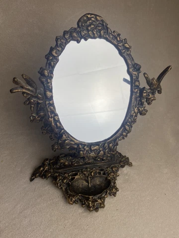 Vintage Polish Ornate Cast Brass Vanity Table Mirror with Trinket Tray Cover