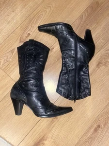 Vintage Size 41 7 Black Leather Cowboy Boots Cuban Heeled Womens Blogger Cut Out - Picture 1 of 24