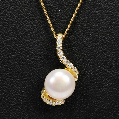 925 STERLING SILVER AAA WHITE PEARL ROUND CABOCHON & CZ  PENDANT - Image 1 of 4