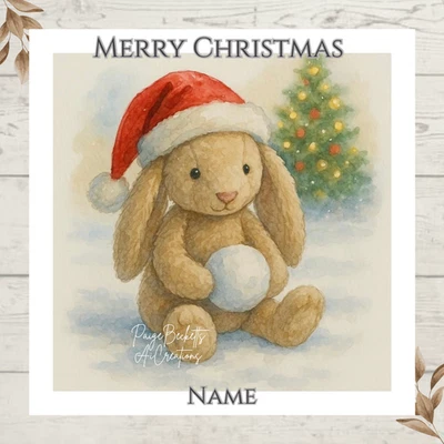 PAIGE BECKETT'S SENTIMENTAL CREATIONS Personalised Festive JellyCat Style Bunny CHRISTMAS Greeting Card ANY NAME/WORDS