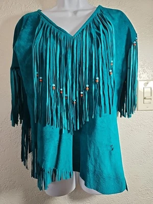 Crossroads Para Mujer M Turquesa 100% Gamuza Cuero Manga Corta Flecos Top Cuentas Foto 1 de 4