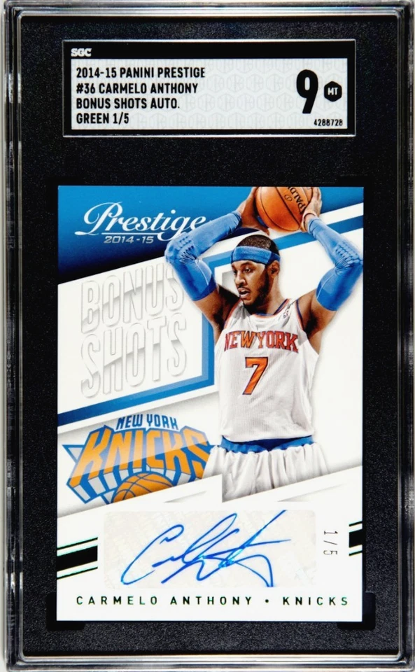 2014 Panini Prestige Bonus Shots CARMELO ANTHONY Emerald Green 1/5 Auto SGC 9 MT - Image 1 of 4