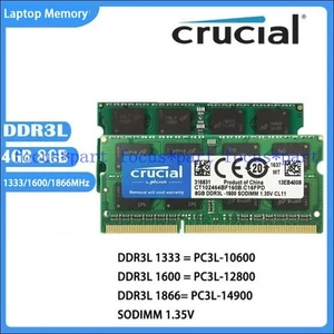 Crucial 4GB 8GB DDR3L 1333 1600 1866MHz 204-Pin 1.35V SO-DIMM Laptop Memory - Picture 1 of 20