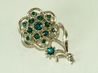 Vintage Openwork Silver Tone & Emerald Green Rhinestone Flower Pin Brooch 1.75"