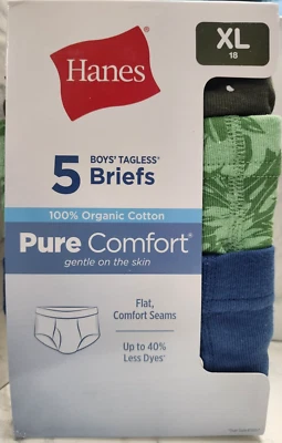 Hanes Boys' Tagless Briefs 5 Pair, Size XLarge (16-18) 100% Organic Cotton, New - Image 1 of 4