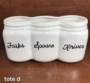 Ceramic Mason Jar Style Utensil Holder Forks Spoons Knives Picnics Grad Parties - Picture 1 of 8