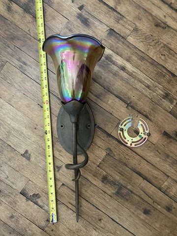 VTG Irridescent Wall Sconce Rose Tulip Carnival Glass Beauty & Beast Art Nouveau Cover