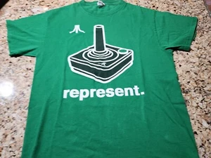 Unisex Atari Represent Tee Shirt Size Large Green Joystick 100% Cotton Retro - Picture 1 of 8