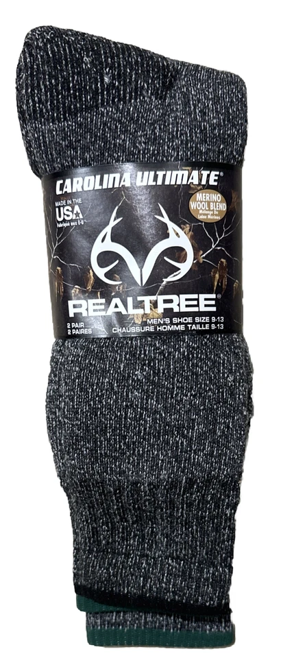 2 Pairs Realtree Men's Merino Wool blend socks, shoe size US 9-13 Grey Green Tip - Image 1 of 1