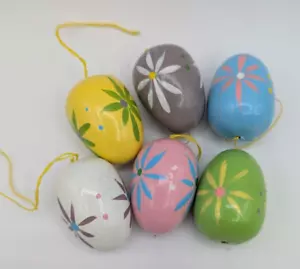 6 Vintage Wooden Easter Egg Tree Ornaments 1.25" Chick Bunny Floral Pastel - Picture 1 of 2