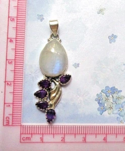 sale SOLID 925 STERLING SILVER NATURAL AMETHYST MOONSTONE PENDANT - Picture 1 of 7