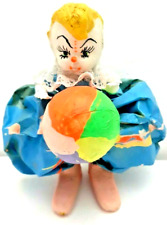 Circus Clown Figurine 3" w Beach Ball Paper Mache Yellow Hair Blue Puffy Pants