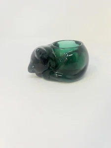 Glass Sleeping Cat Figurine Candle Holder Vintage Forest Green - Picture 1 of 8