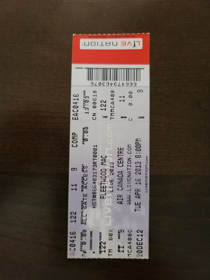 Fleetwood Mac 2013, Toronto Air Canada Centre Original Concert Ticket Stub - Image 1 of 2