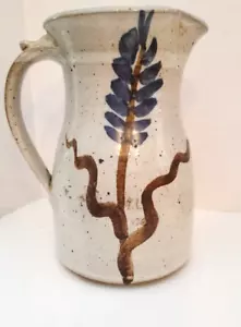  Stoneware Glazed Pitcher Handmade Speckled Blue Lupine Design Signed Pottery  - Picture 1 of 14