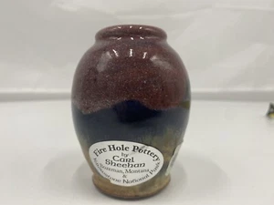 Fire Hole Pottery Signed Carl Sheehan Yellowstone Red Skies Vase 4” High - Picture 1 of 6