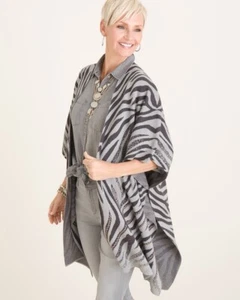 Chicos Zebra Print Ruana Wrap Cardigan Womens Size S / M Gray Black 3/4 Sleeve - Picture 1 of 16
