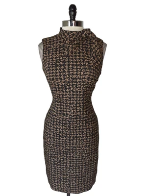 NEW CALVIN KLEIN Size 8 Sheath Dress Black Brown Houndstooth Cap Sleeve Stretch - Image 1 of 4