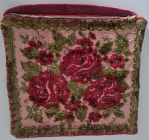  Vintage Crushed Velvet Red Green Pink Floral Throw Pillow Cover 11" Square  - Picture 1 of 4