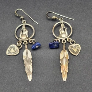 Vintage Wolf Mond Sterling 925 Ohrhänger Lapis Feder Herz Südwesten - Bild 1 von 12