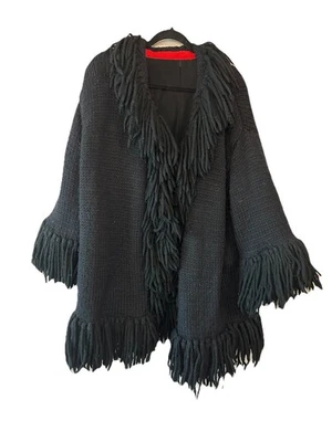 Cárdigan tejido con flecos negros de gran tamaño hecho a mano suéter caprichoso grunge L de colección Foto 1 de 4