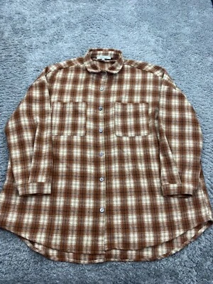 Olivaceous Top Women Large Brown Plaid Oversized Western Button Up Flannel Shirt - Image 1 of 4