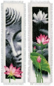 Vervaco Cross Stitch Bookmark Kit Lotus and Buddha (Set of 2) 2.4" x 8" - Picture 1 of 4