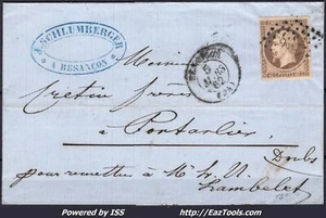 FRANCE N° 16 SUR LETTRE POUR PONTARLIER DE BESANCON PC 378 DU 05/03/1862 - Picture 1 of 2
