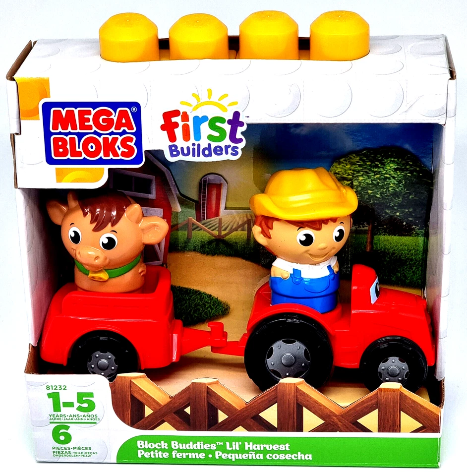 MEGA BLOKS First Builders Trator mit Bauern Figur und Kuh auf Anhänger